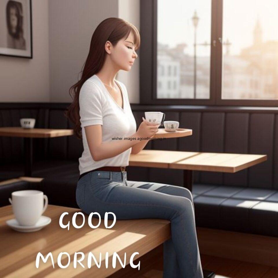 cute girl seating in table and smile jeans dress wearing standing in the cafe with cute eyes and holding the cup of coffee Hd good morning images