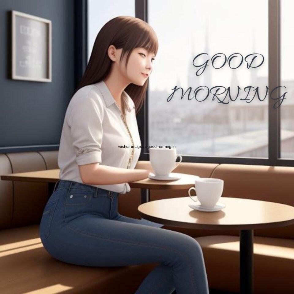 cute girl seating in table and smile jeans dress wearing standing in the cafe with cute eyes beautiful background Hd good morning images