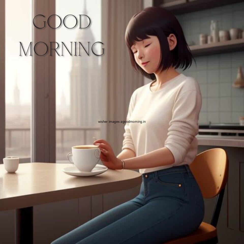 cute girl seating in table and smile jeans dress wearing standing in the cafe with cute eyes behind the girl beautiful rack is placed Hd good morning images