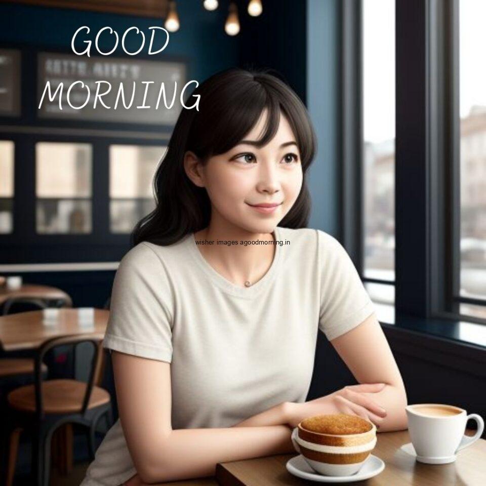 cute girl seating in table and smile jeans dress wearing standing in the cafe with cute eyes fully white girl Hd good morning images