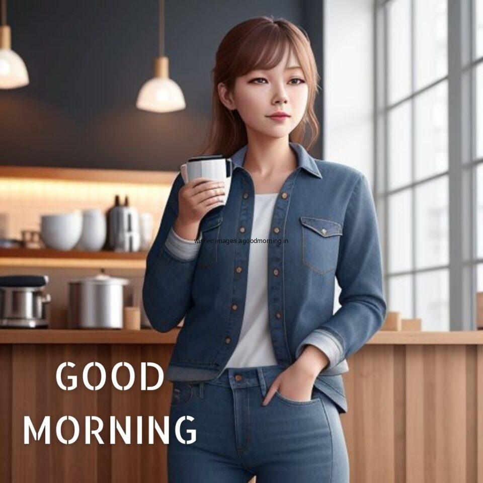 cute girl seating in table and smile jeans dress wearing standing in the cafe with cute eyes hold the coffee cup Hd good morning images