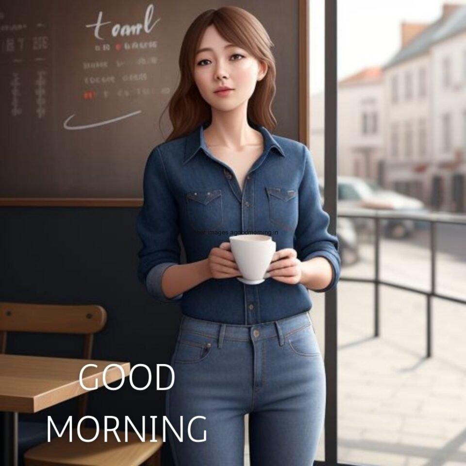 cute girl seating in table and smile jeans dress wearing standing in the cafe with cute eyes holding the white cup Hd good morning images