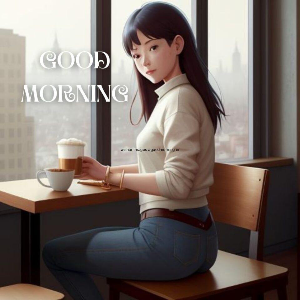 cute girl seating in table and smile jeans dress wearing standing in the cafe with cute eyes infron the two cup Hd good morning images