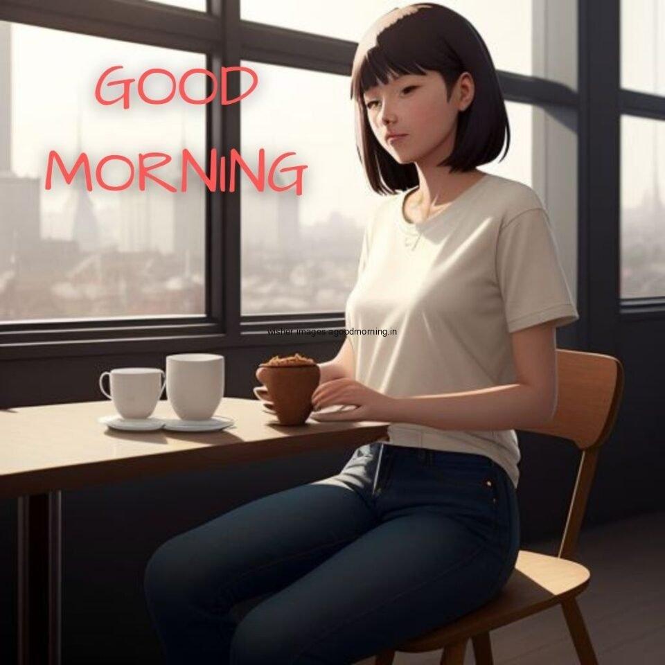 cute girl seating in table and smile jeans dress wearing standing in the cafe with cute eyes infront girl cup of coffee Hd good morning images