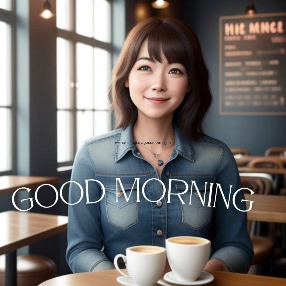 cute girl seating in table and smile jeans dress wearing standing in the cafe with cute eyes infront of the girl have two cups Hd good morning images