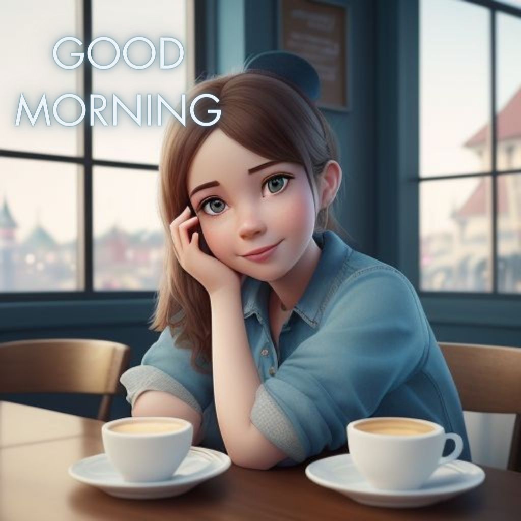 cute girl seating in table and smile jeans dress wearing standing in the cafe with cute eyes infront the cup of coffee Hd good morning images