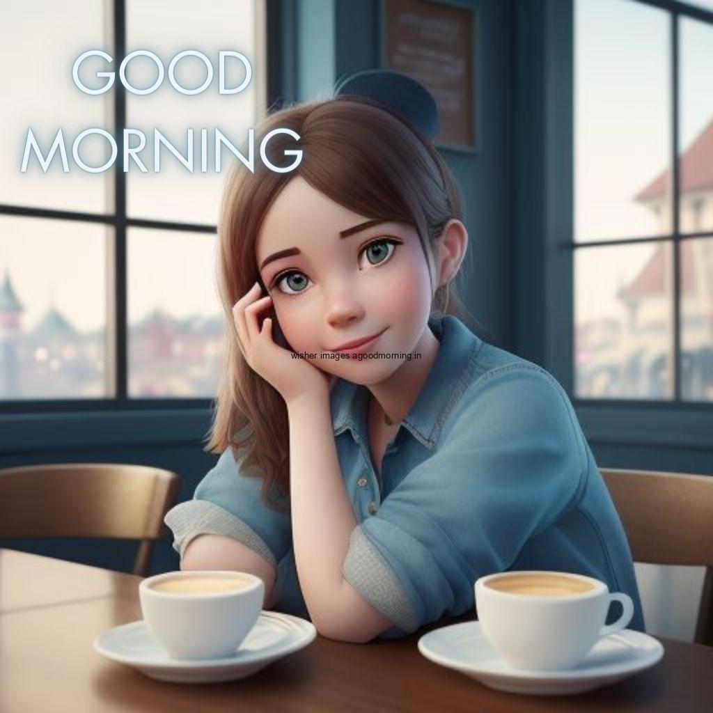 65+ Cute HD Good Morning Images Download 8 cute girl seating in table and smile jeans dress wearing standing in the cafe with cute eyes infront the cup of coffee Hd good morning images