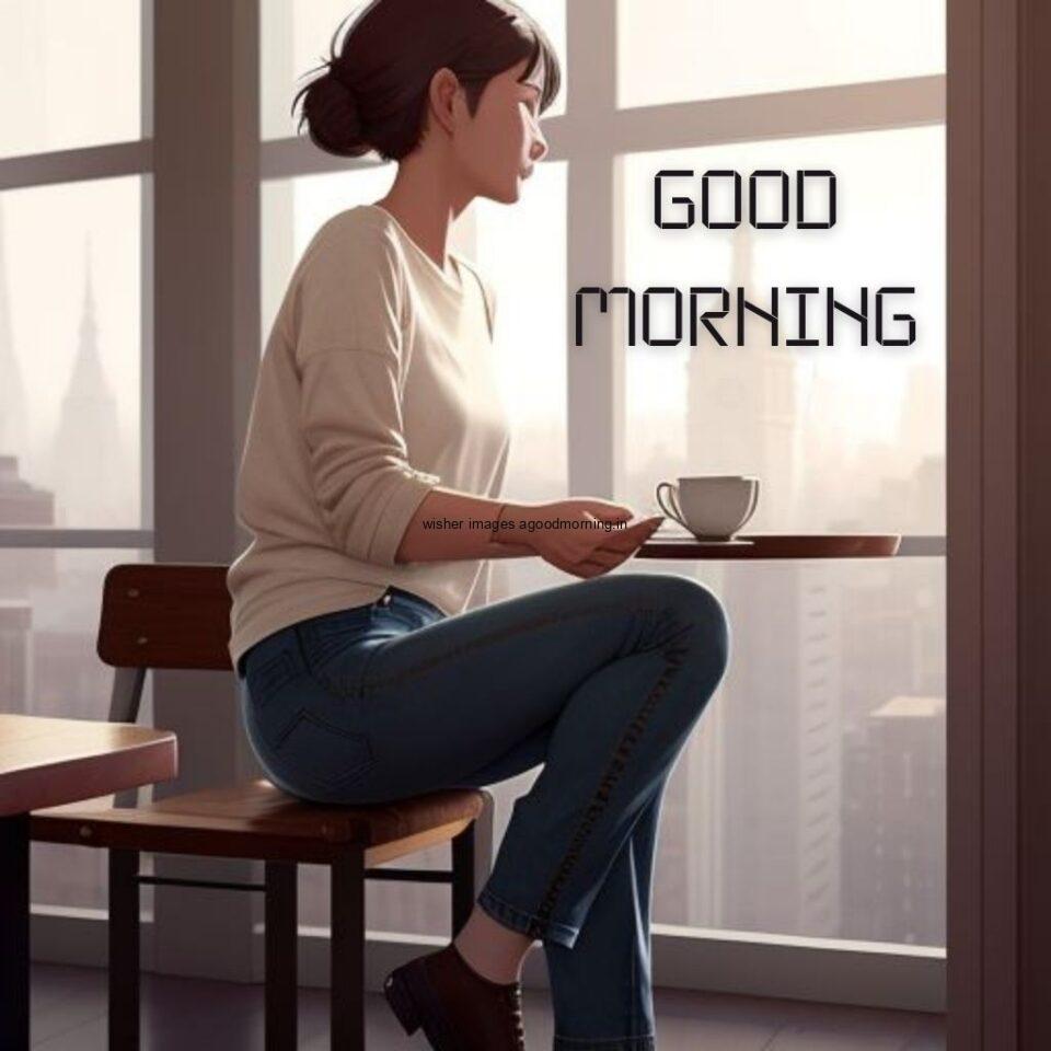 cute girl seating in table and smile jeans dress wearing standing in the cafe with cute eyes seen out side the window Hd good morning images