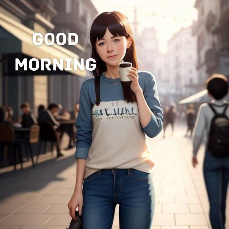 cute girl seating in table and smile jeans dress wearing standing in the cafe with cute eyes white text Hd good morning images