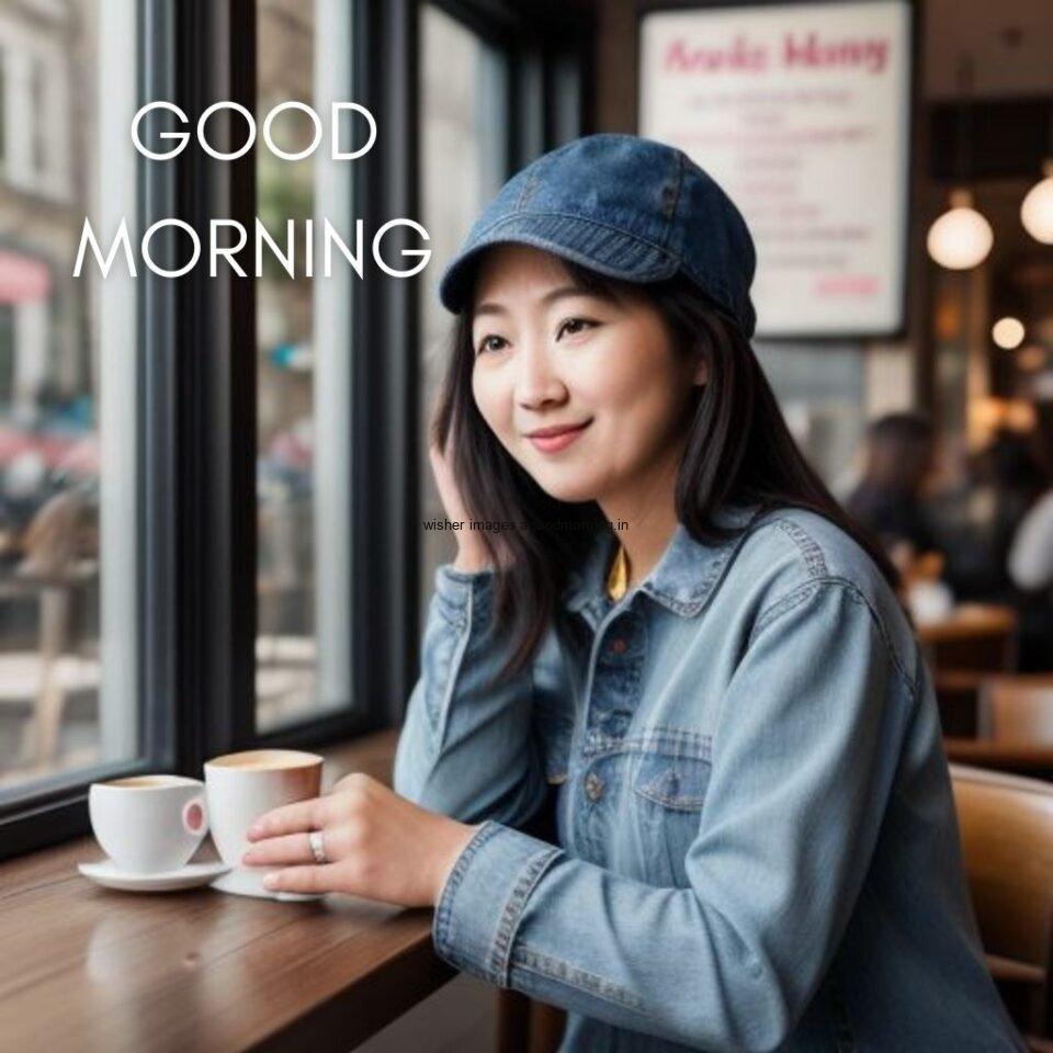 cute girl seating in table and smile jeans dress with hat wearing standing in the cafe with cute eyes Hd good morning images