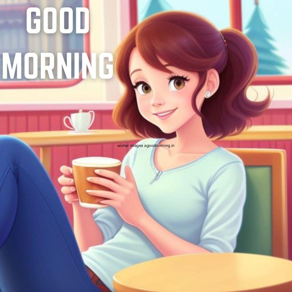 cute girl seating in table and smile white dress wearing standing in the cafe with cute eyes Hd good morning images