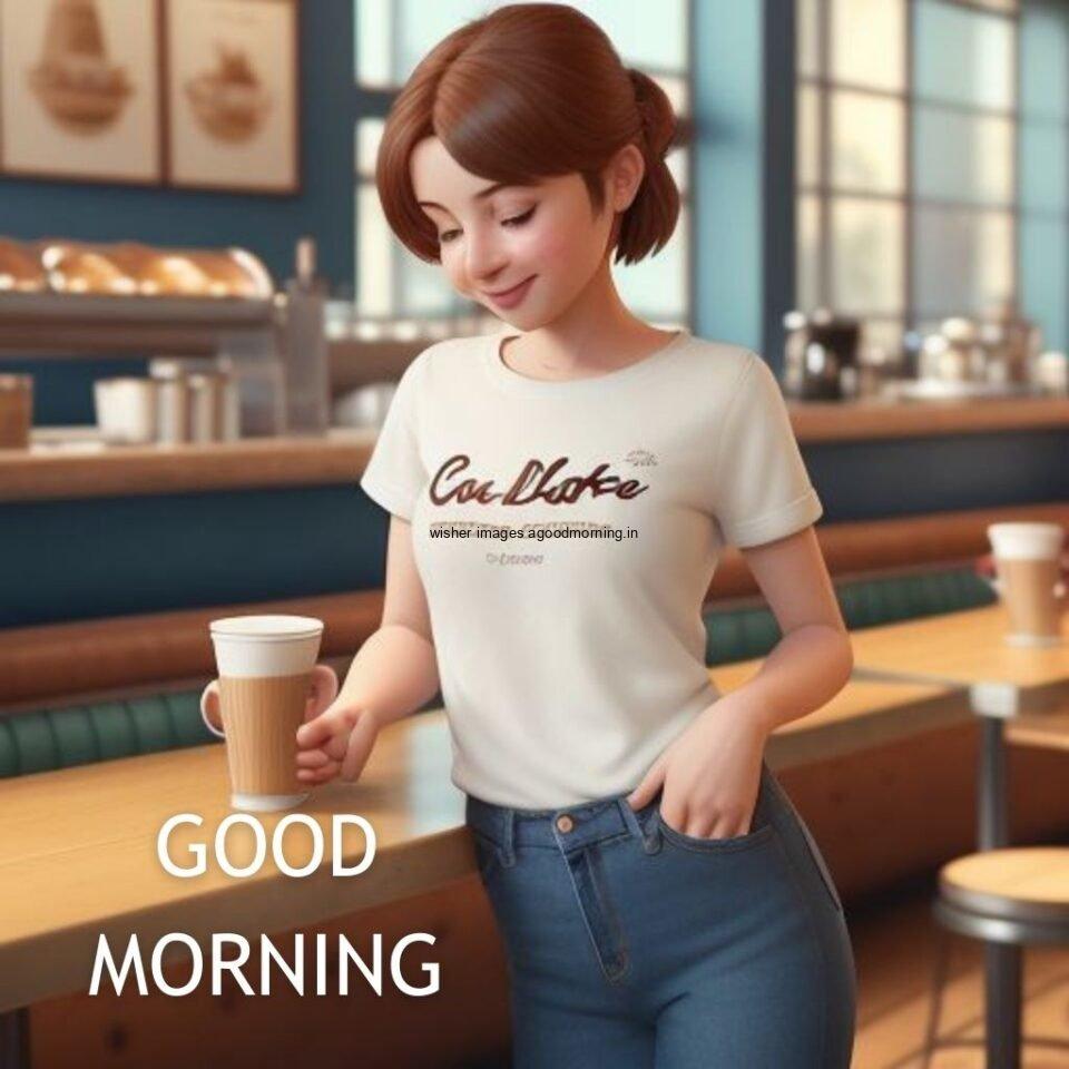 cute girl seating in table and smile white tshirt jeans dress wearing standing in the cafe with cute eyes Hd good morning images