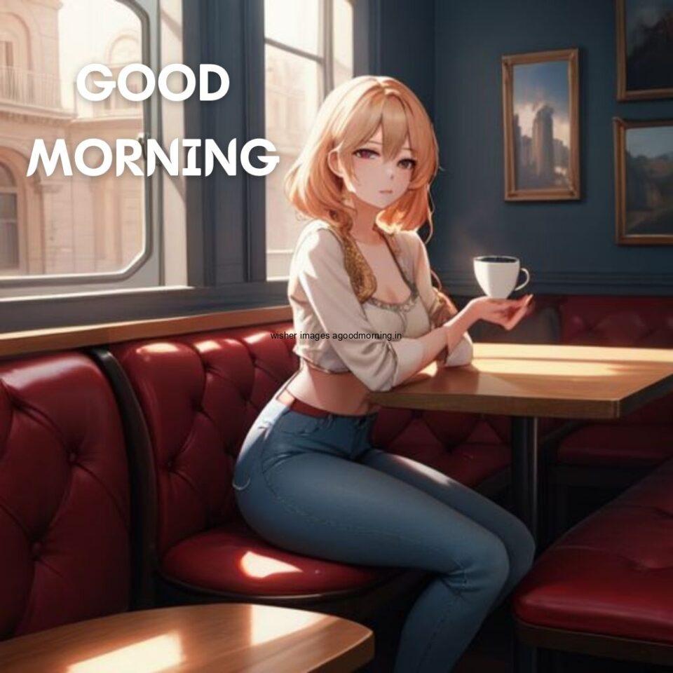 cute girl seating in table and smile with beautiful hair jeans dress wearing standing in the cafe with cute eyes Hd good morning images