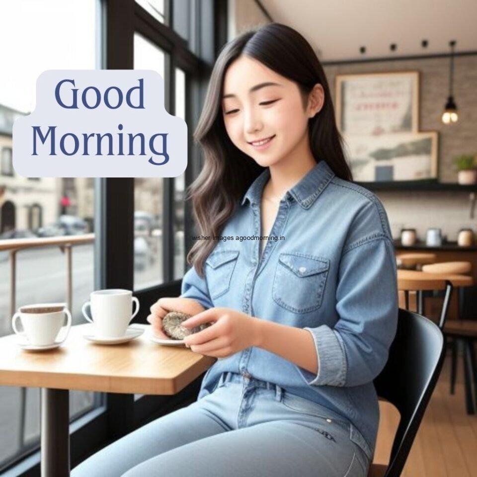 cute girl seating in table and smiling jeans dress wearing standing in the cafe with cute eyes Hd good morning images