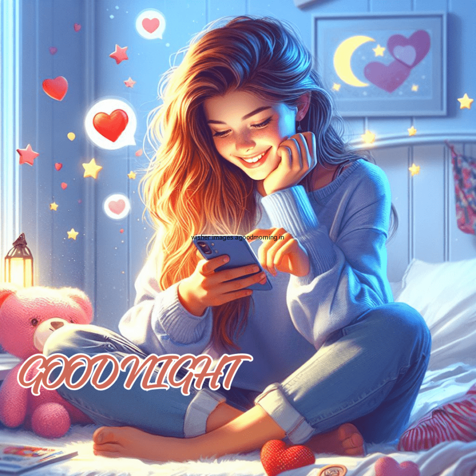 cute girl seating on the bed with good night images the girl is using the mobile blue light