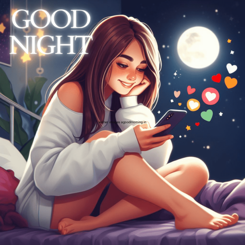 cute girl seating on the bed with good night images the girl is using the mobile many heart