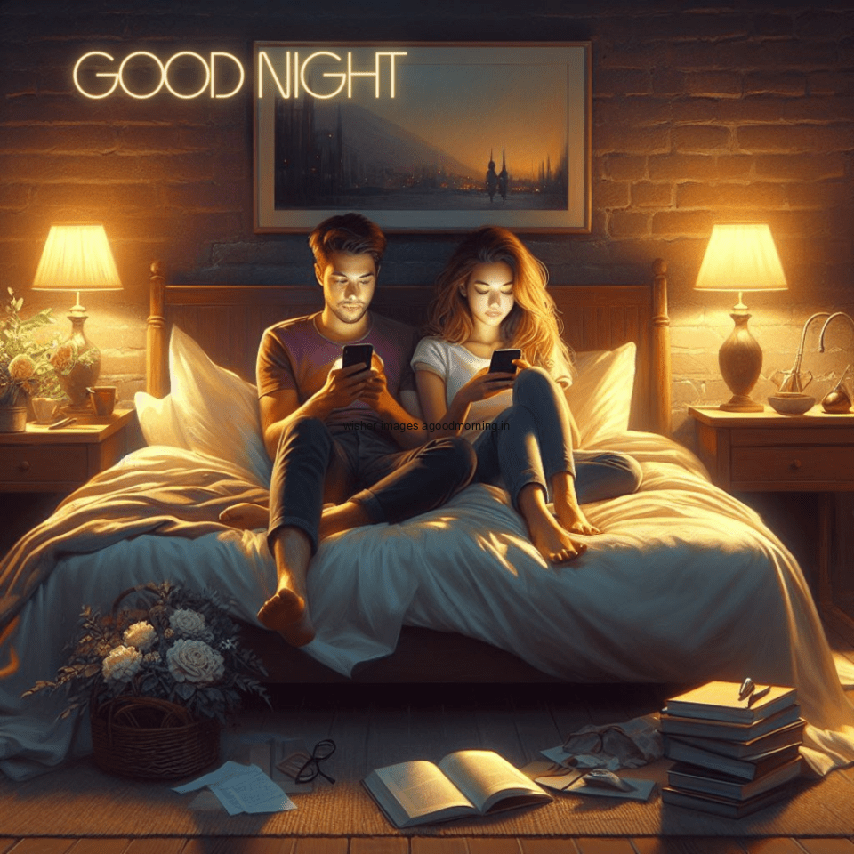 cute girl seating on the bed with good night images the girl is using the mobile yellow light