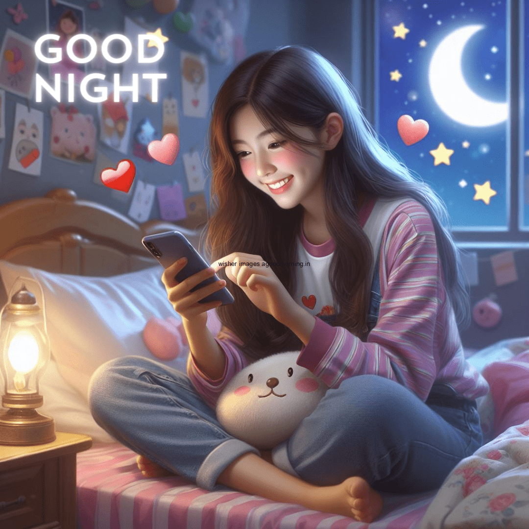 cute girl seating on the bed with good night images the girl is using the mobile