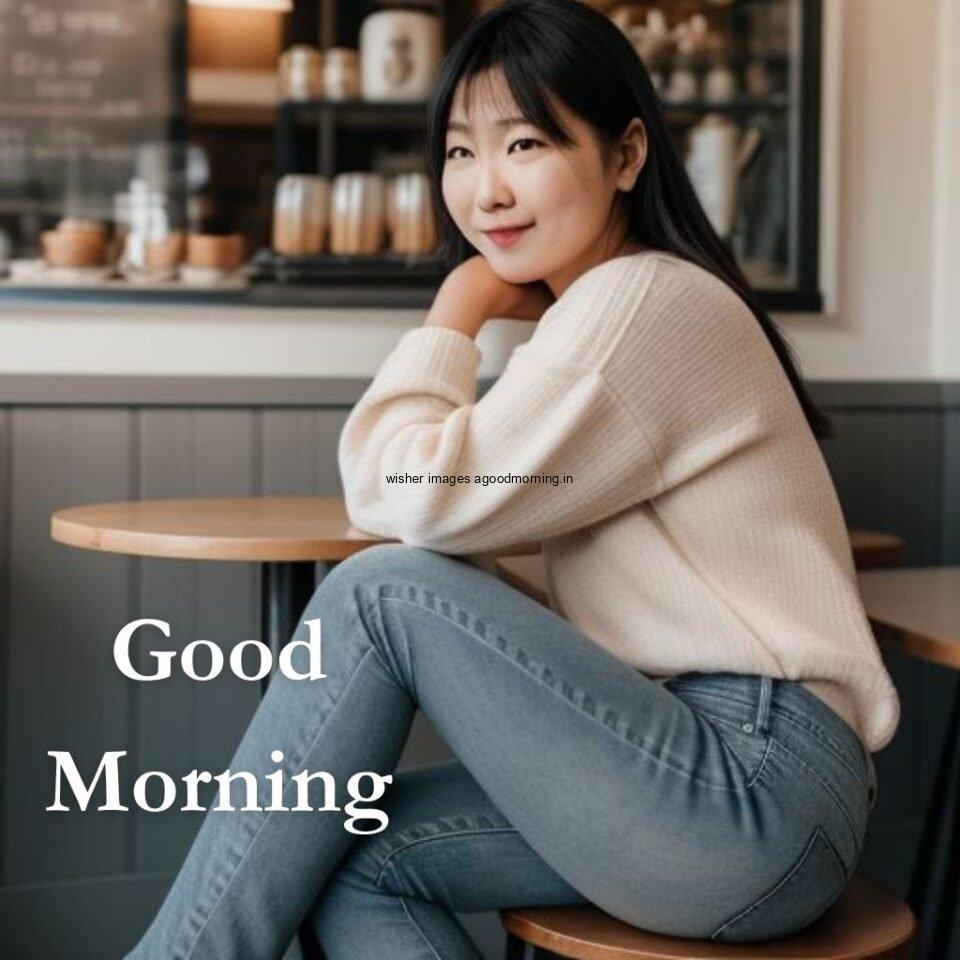 cute girl seating view in chair and smile jeans dress wearing standing in the cafe with cute eyes Hd good morning images