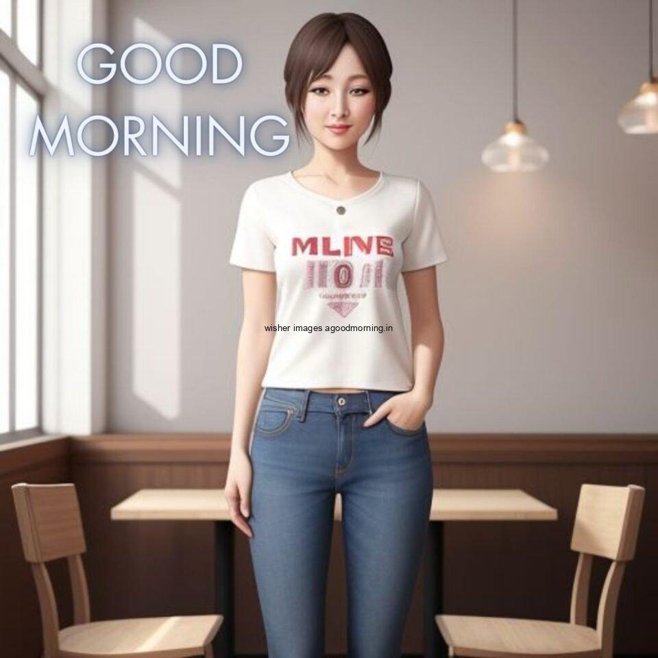 cute girl standing infront of table and smile jeans dress wearing standing in the cafe with cute eyes Hd good morning images