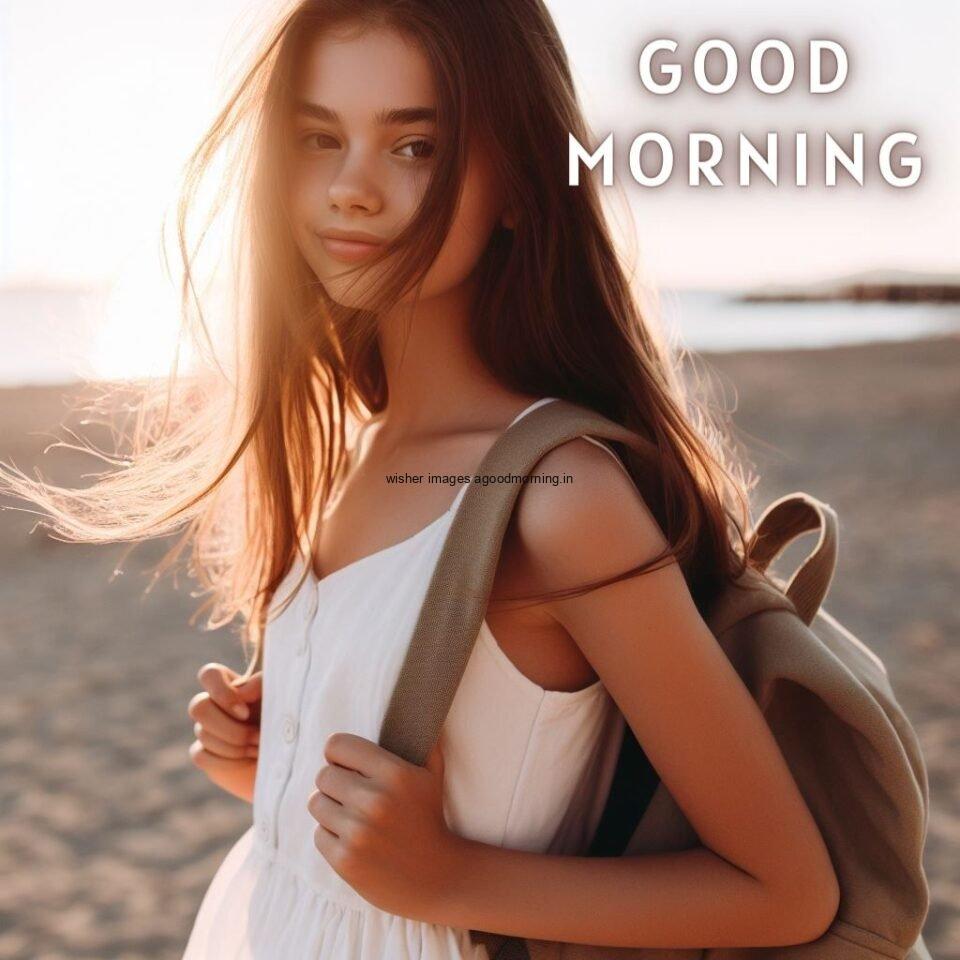 cute girl wearing the white dress and hang the bag on the back good morning love image