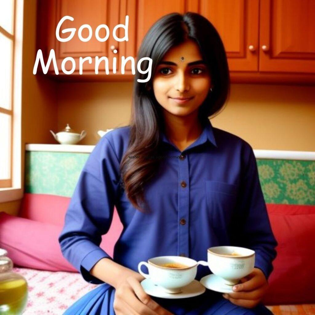 dark blue dress waring Cute girl hold the cup in the table good morning images