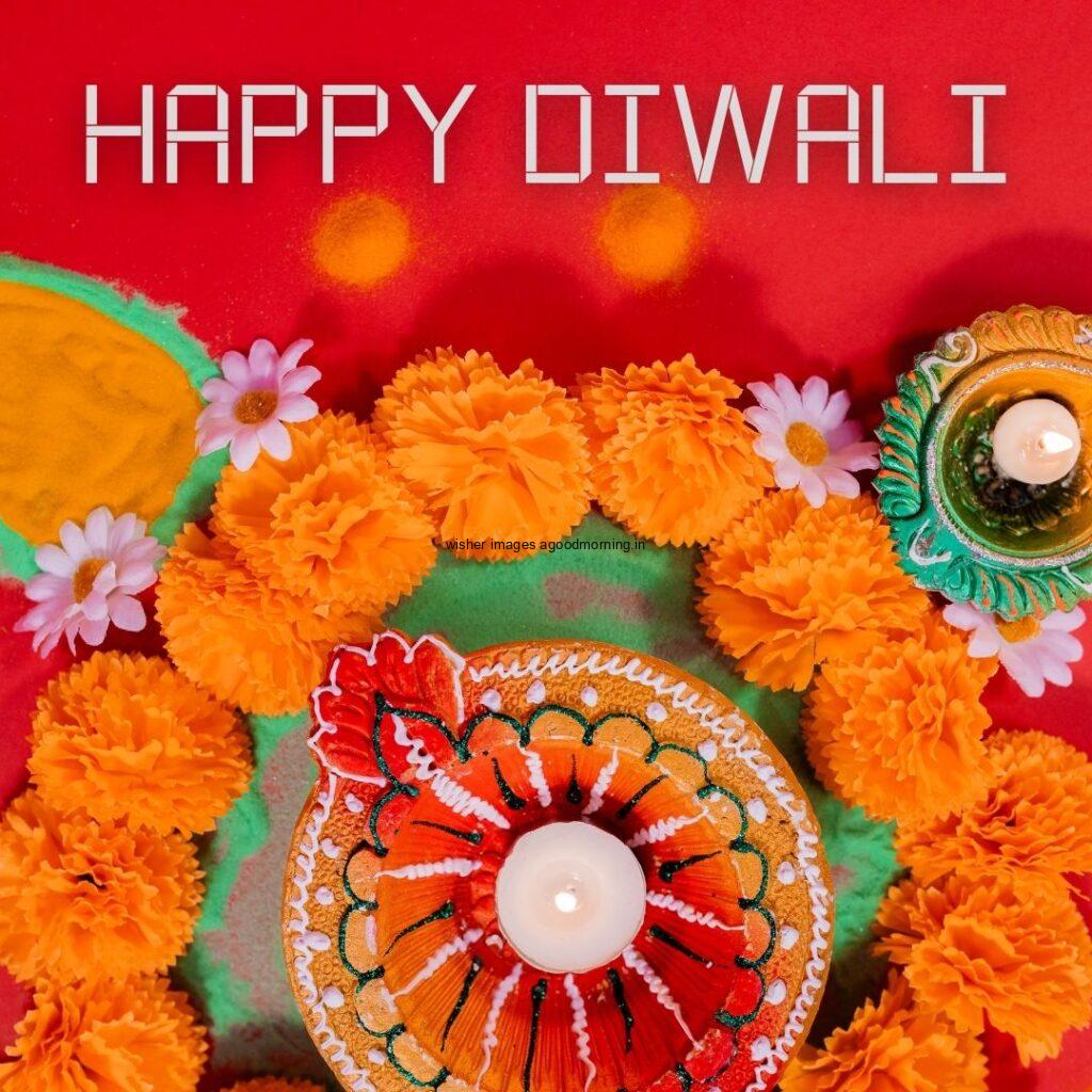 dark red background with colourful big diya with flowers happy diwali image