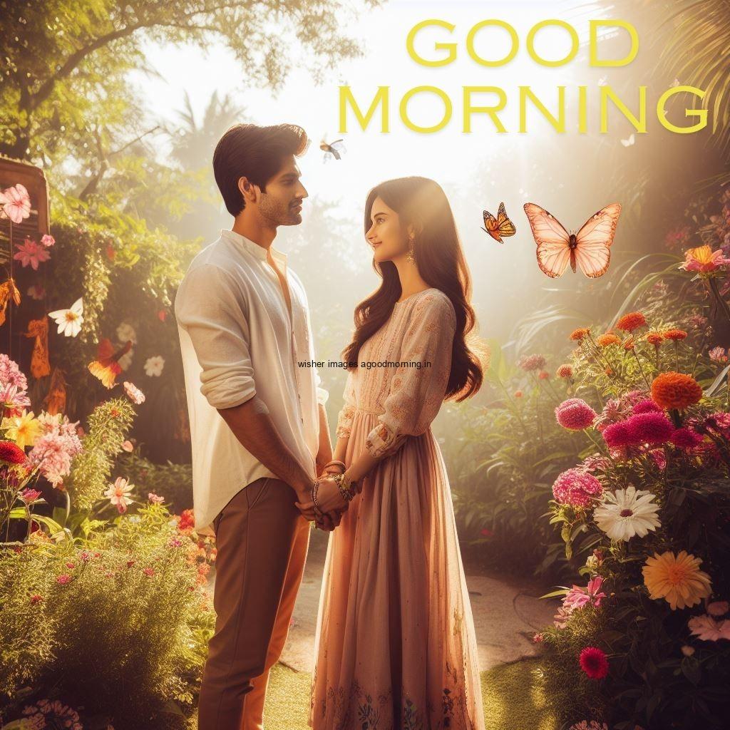 flower background with couple standing in the middle with many butterfly good morning images yellow lighter