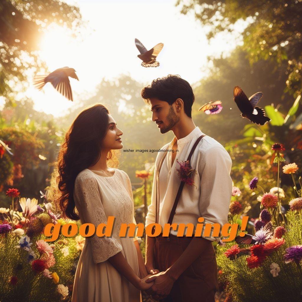 flower background with couple standing in the middle with many butterfly good morning images yellow