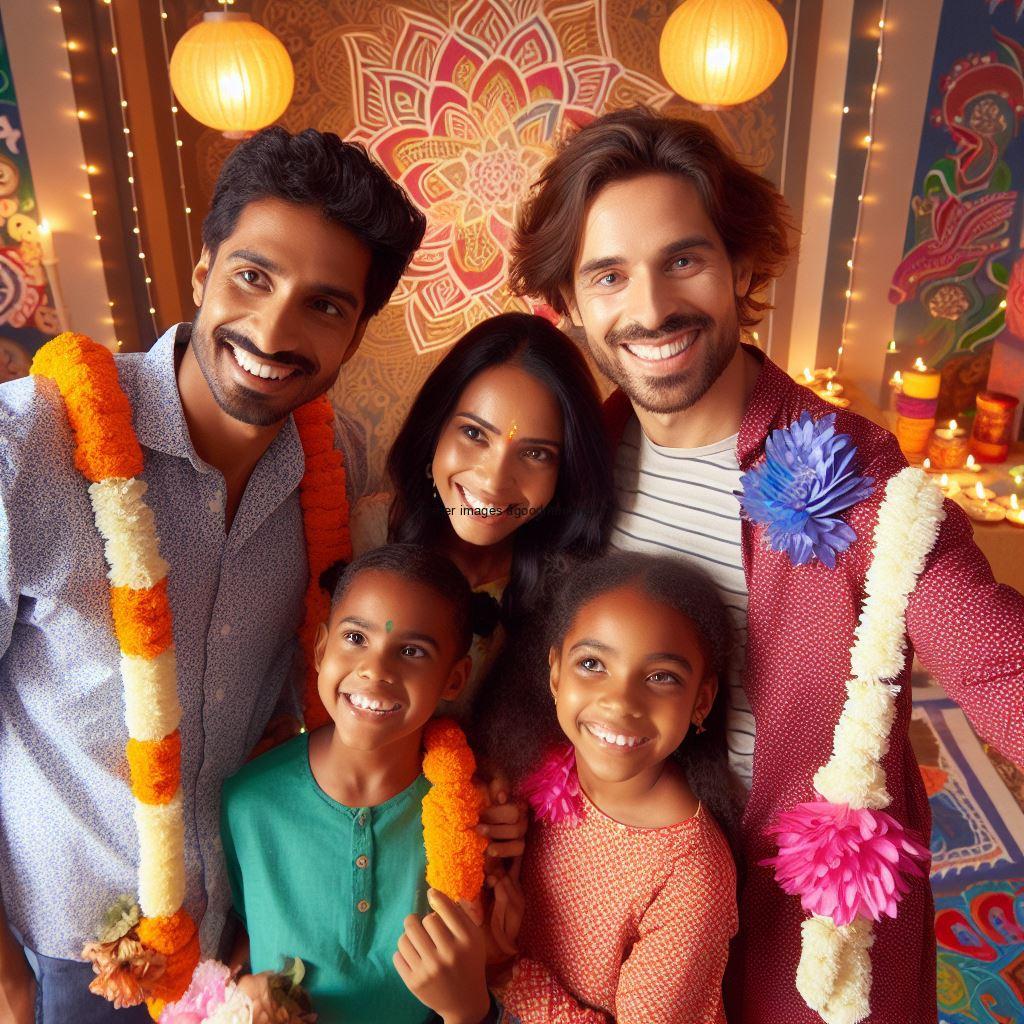 flower placed on the sholder Boys and girl celebrate the diwali behind the people rangloi happy diwali image