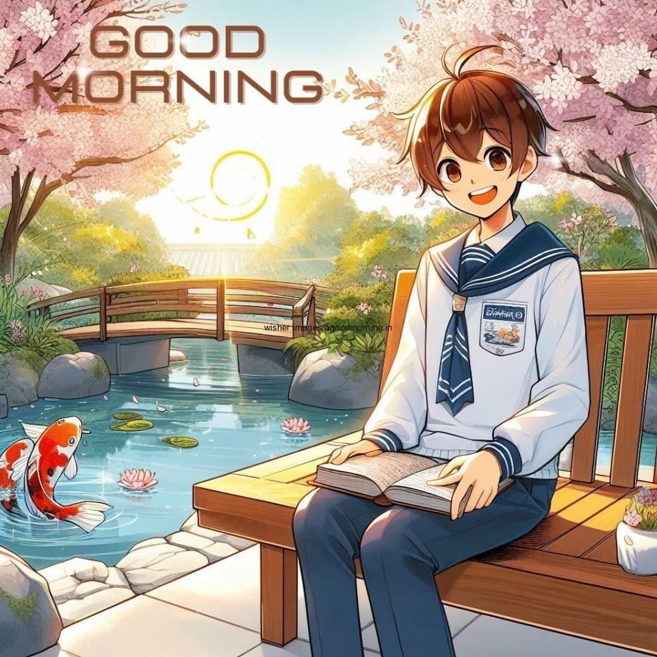 flowers and trees fish background with pink flowes anime boy the boy is smiling seating on the table with book good morning love images