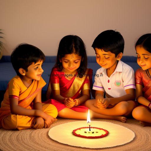 four friend seating together with brown background big diya in the rangloi happy diwali images