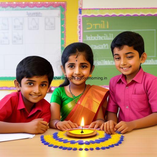 four friend seating together with brown background big diya rangloi happy diwali images