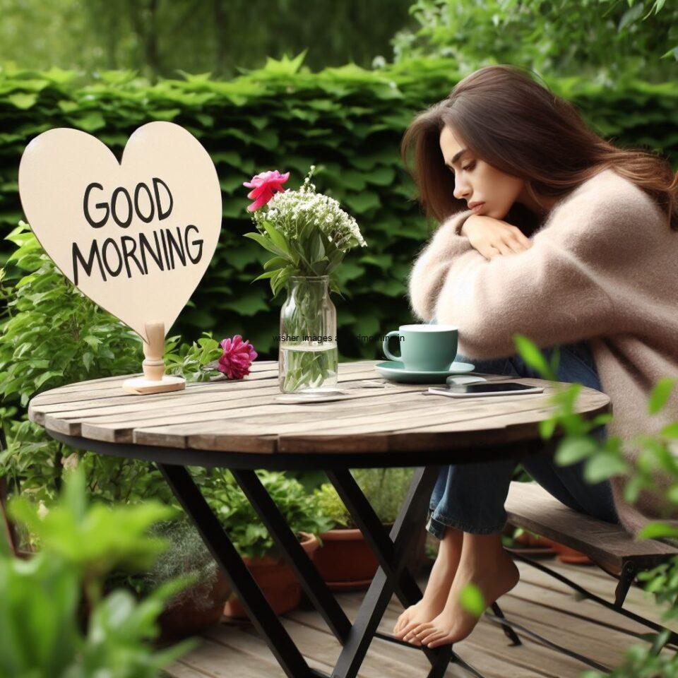 girl seating in chair in front of beautiful table beautiful garden with good morning love image darwing