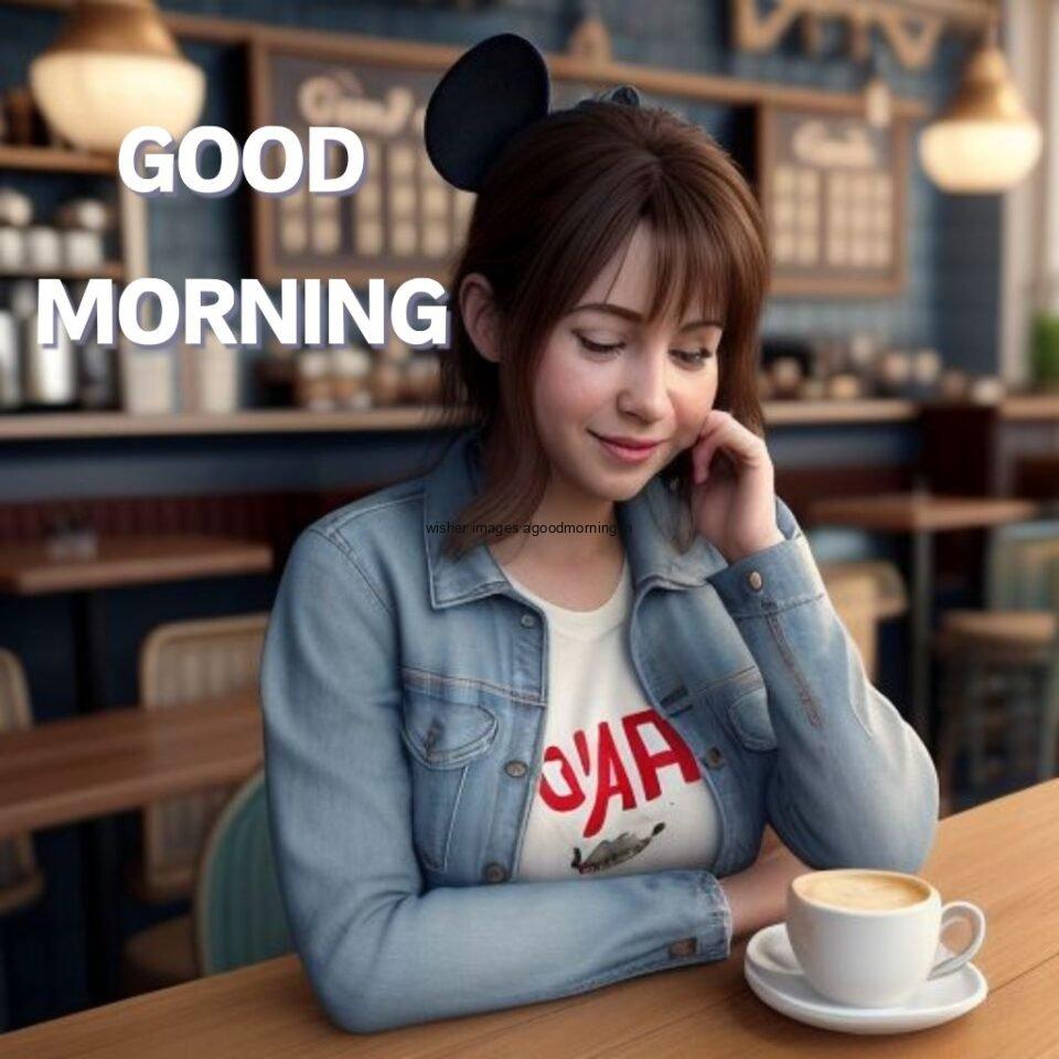 girl seating in table and smile jeans dress wearing standing in the cafe with cute eyes Hd good morning images