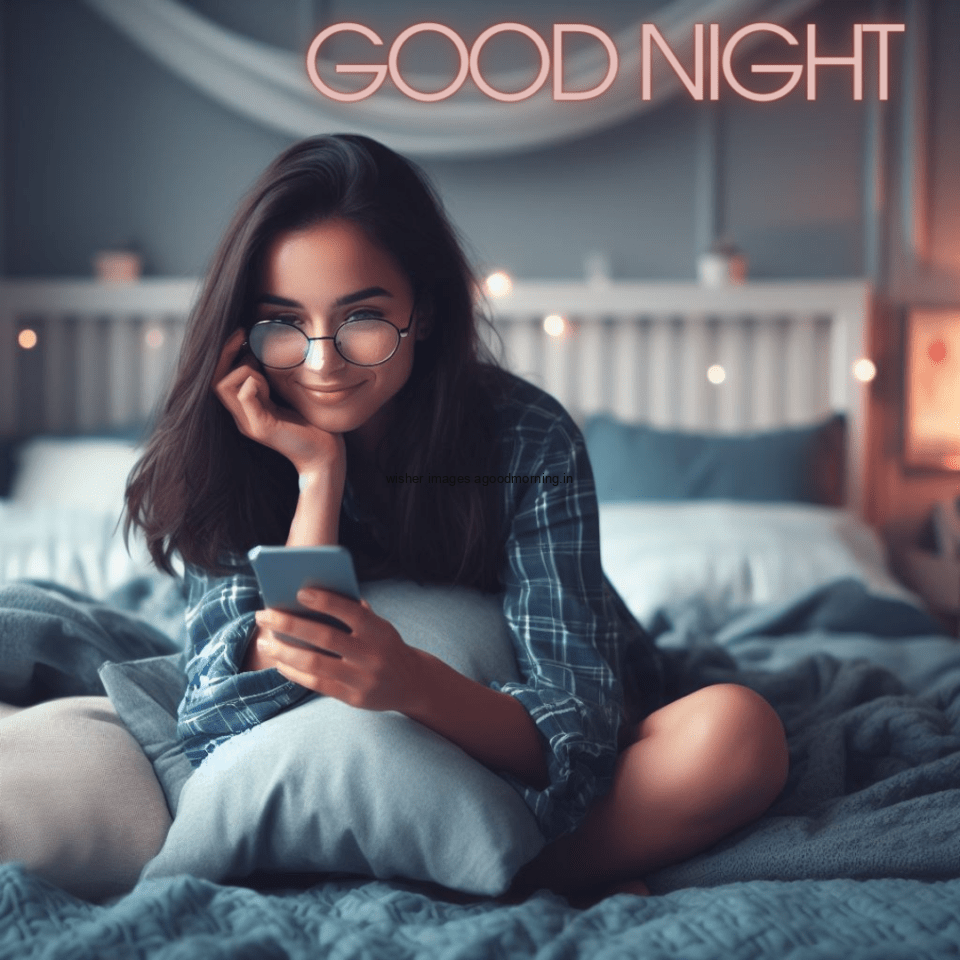 girl seating on the bed with good night images the girl is using the mobile