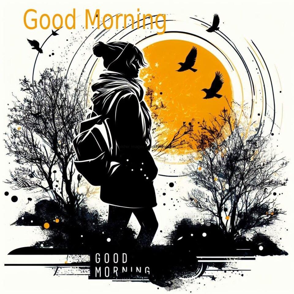 girl waearing bag with yellow moon many birds with white background black tress is placed good morning love image