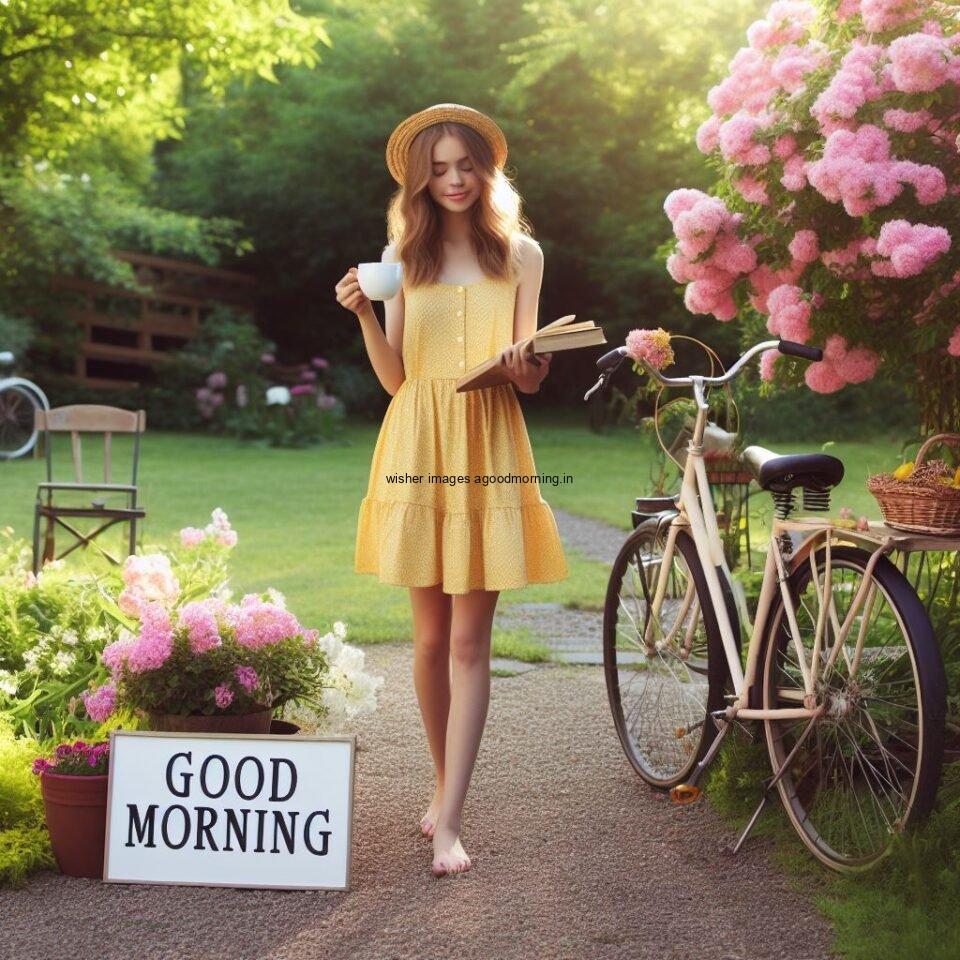 girl waering the yellow dress and walk in the garden beside the girl bycycle is standing good morning love images