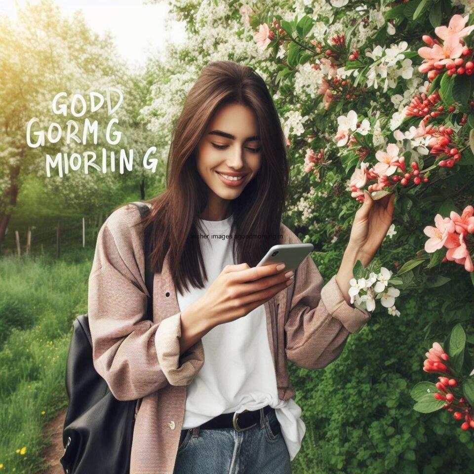 girl waering the yellow dress and walk in the garden many flowers beside the girl good morning love images