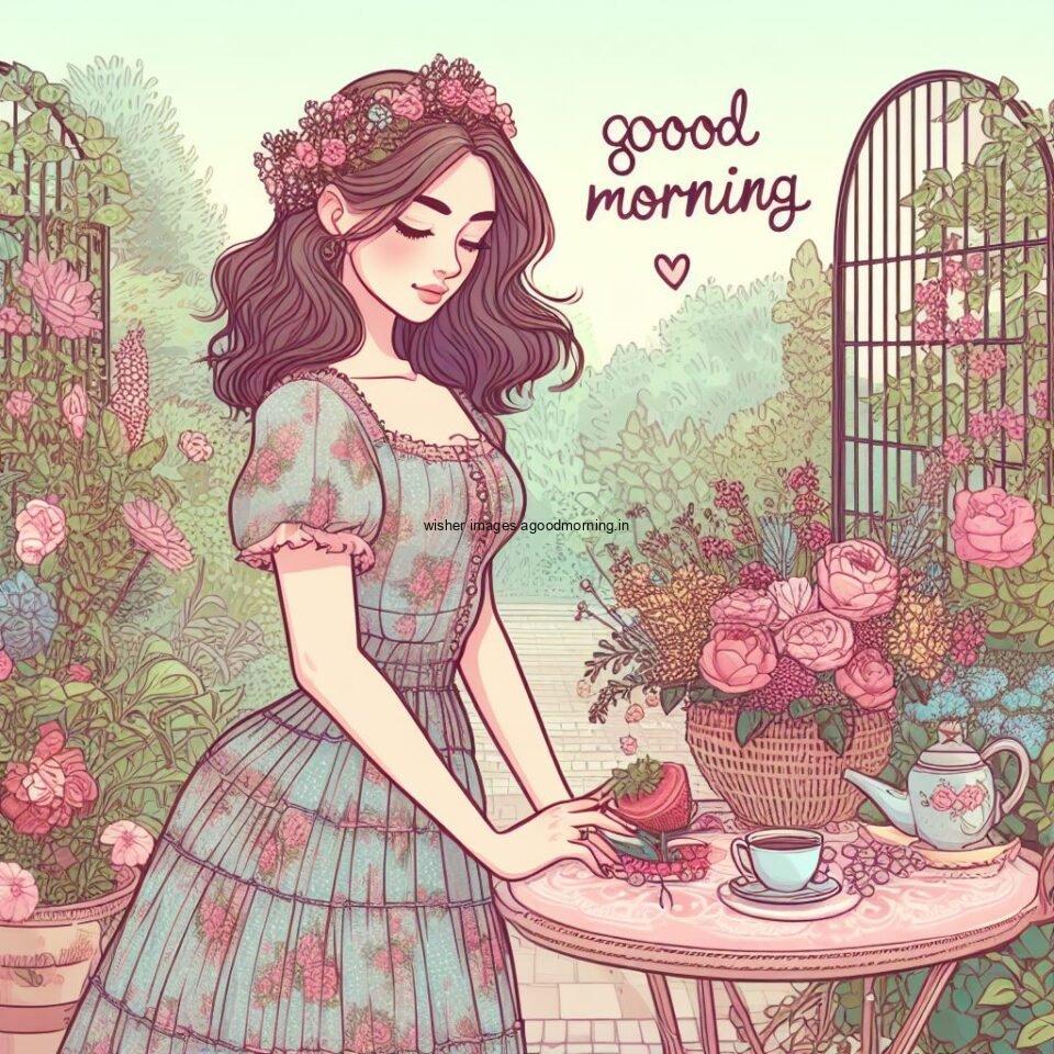 girl wearing beautifull dress and standing in the garden good morning love image