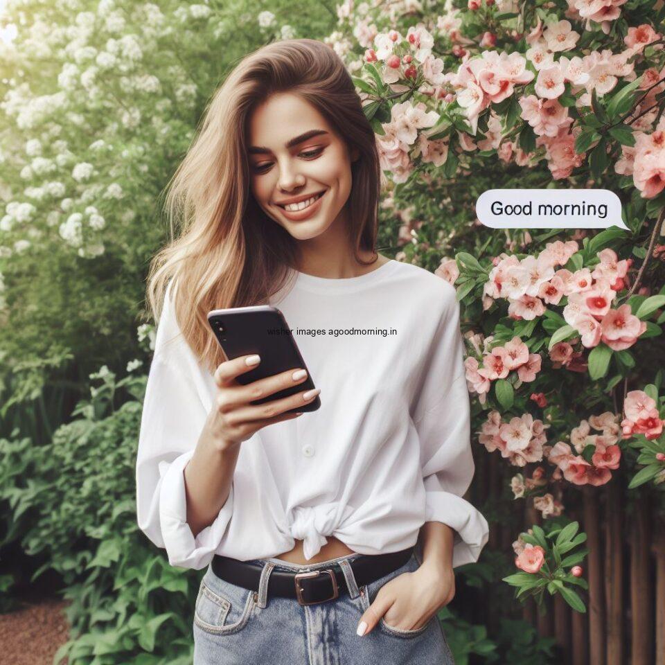 girl wearing white dress and seating in the garden good morning love image the girl using the phone