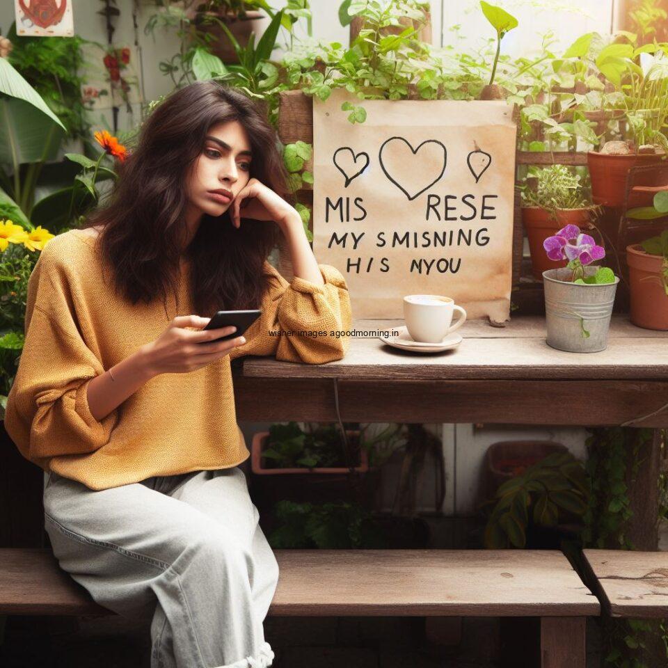 girl wearing yellow dress the girl seats on chair and beside the chair cup of coffee and flowers pot is placed good morning love images