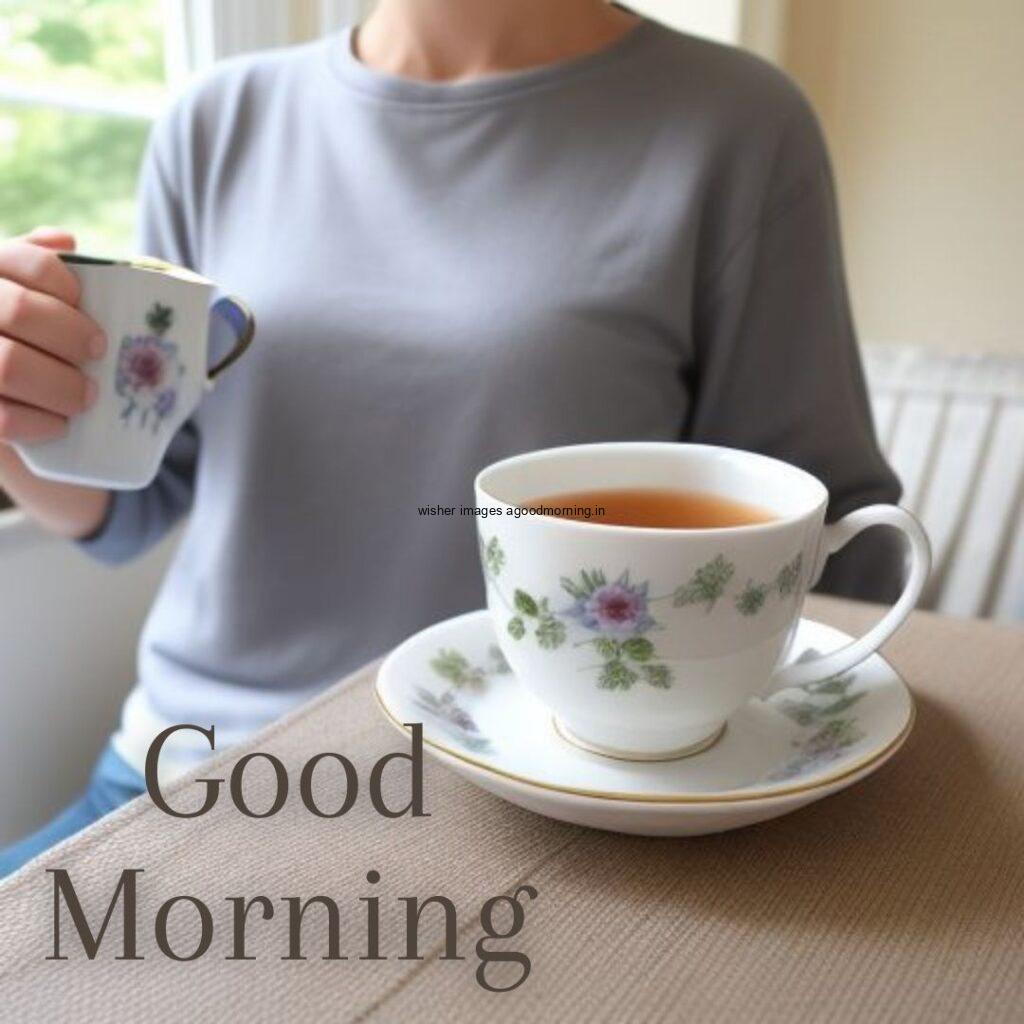 girl with red white cup and plate good morning image with black tea with brown background