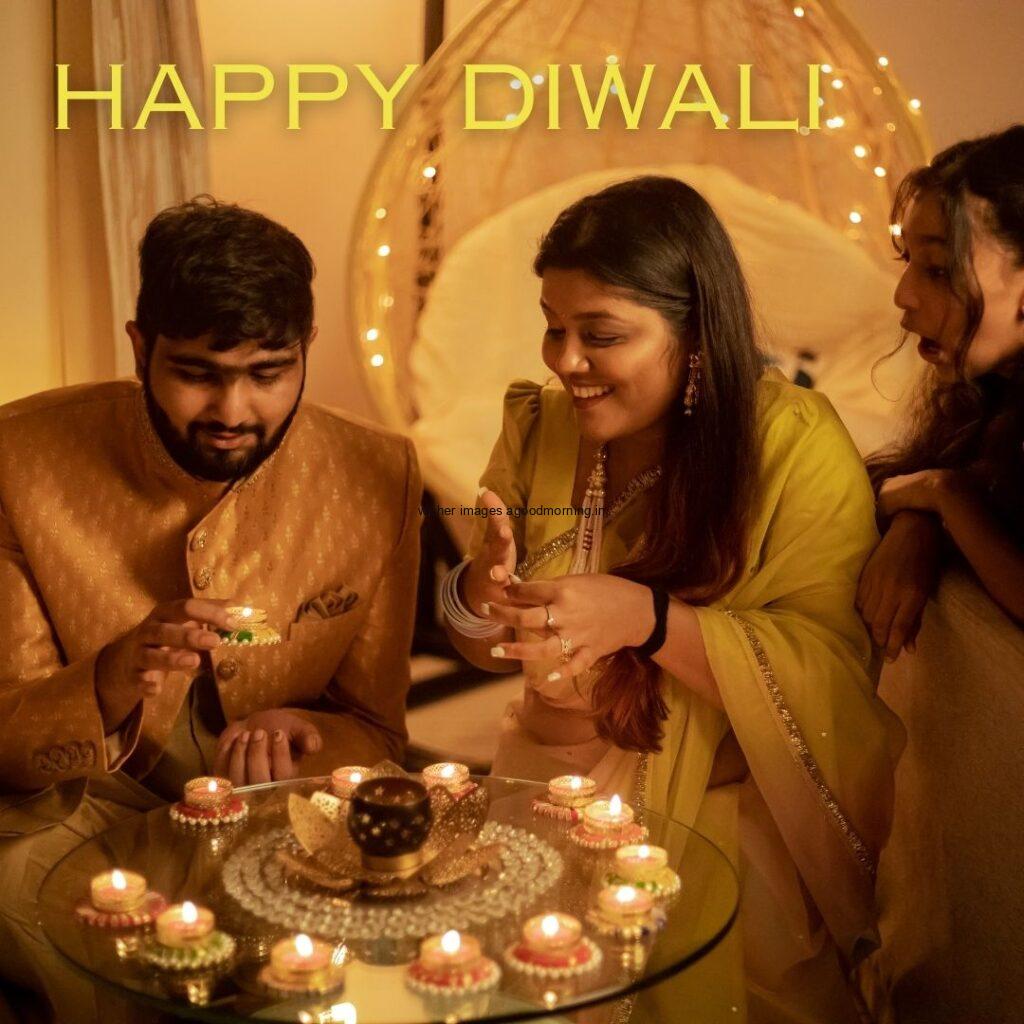 golden background diya in the plate many friends celebrate happy diwali image