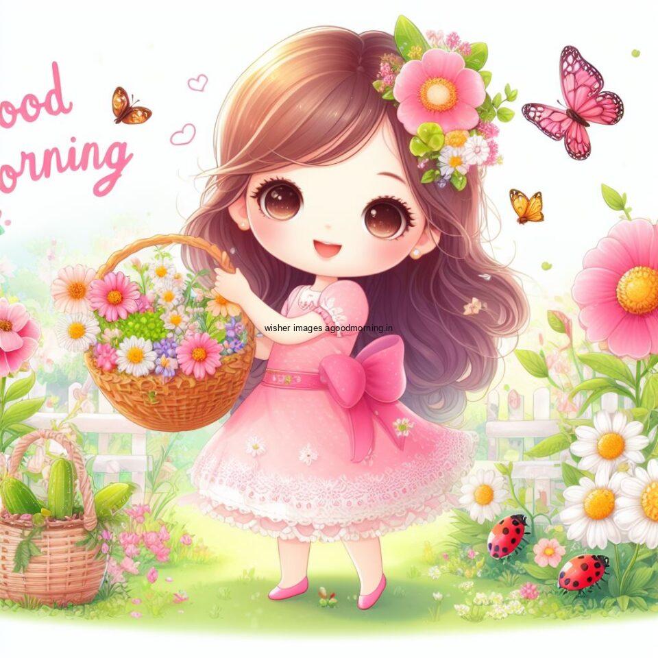 good morning love image beatuiful cute girl wearing pink dress holding fruit basket in garden good morning text