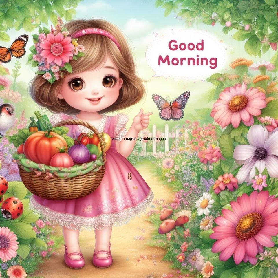 good morning love image beatuiful girl holding fruit basket in garden good morning text