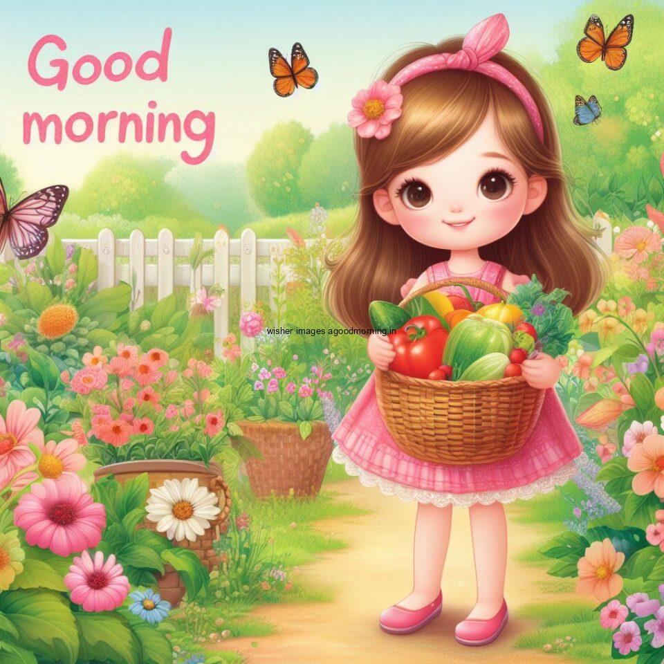 good morning love image beatuiful girl waering pink dress holding fruit basket in garden good morning text