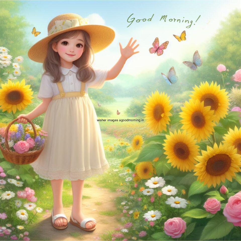 good morning love image beatuiful girl waering yellow dress in garden behind sunflowers and many flowers good morning text