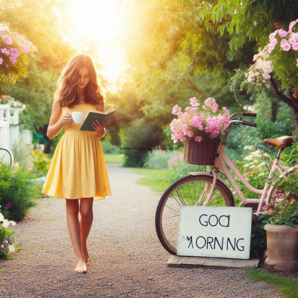 good morning love image beatuiful girl waering yellow dress in garden behind the girl bycycle is standing good morning text