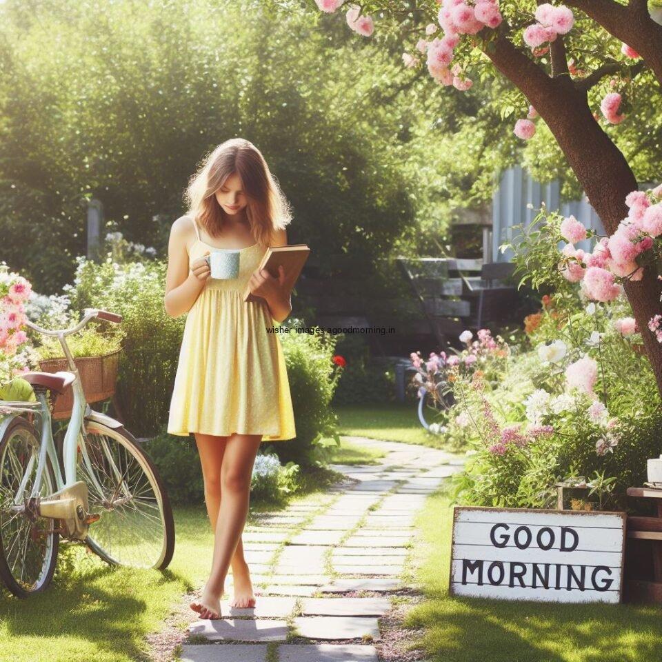 good morning love image beatuiful girl waering yellow dress in garden many flowers behind the girl bycycle is standing good morning text